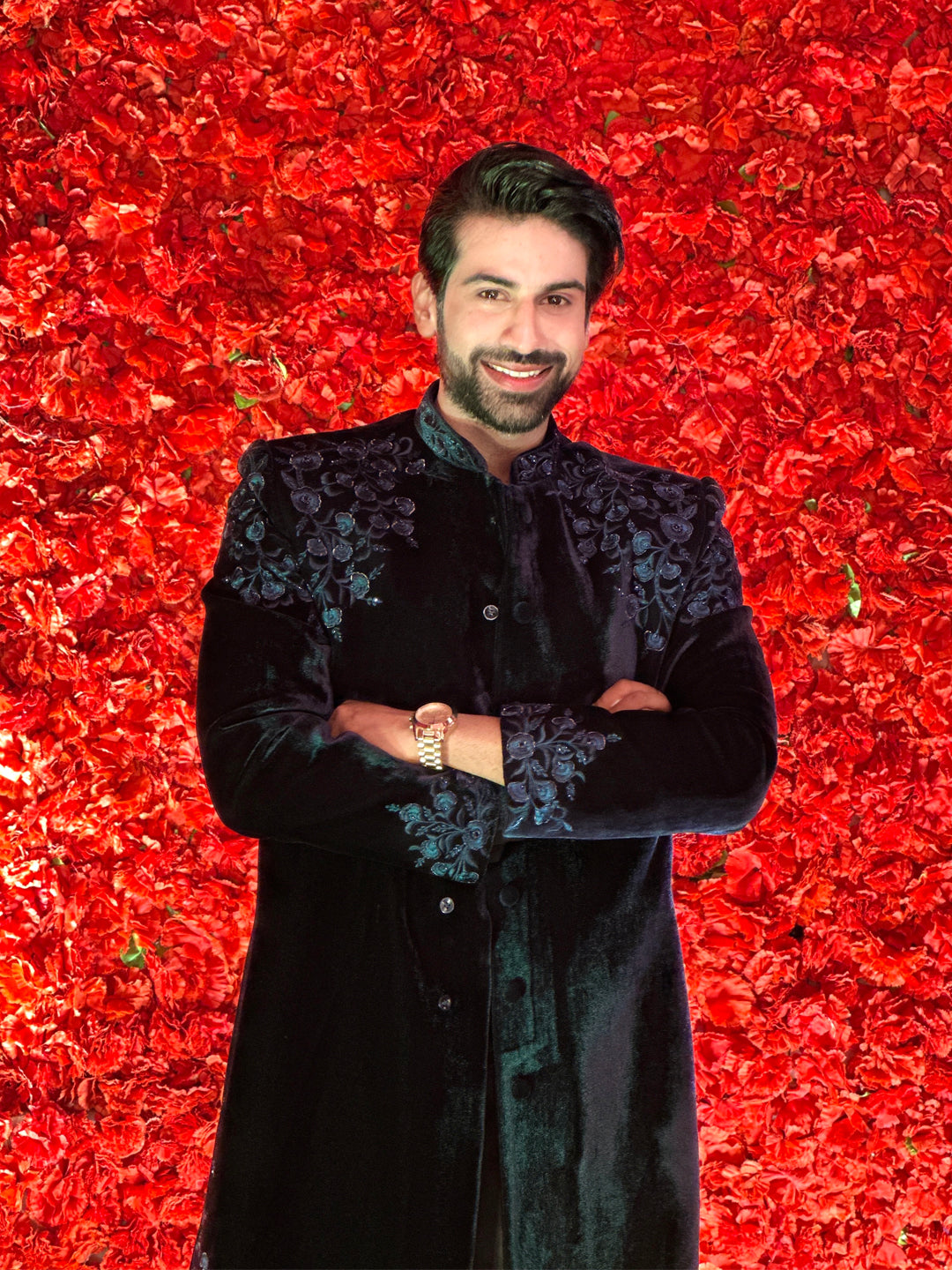 Aman Maheshwari in Navy velvet embroidery Achkan