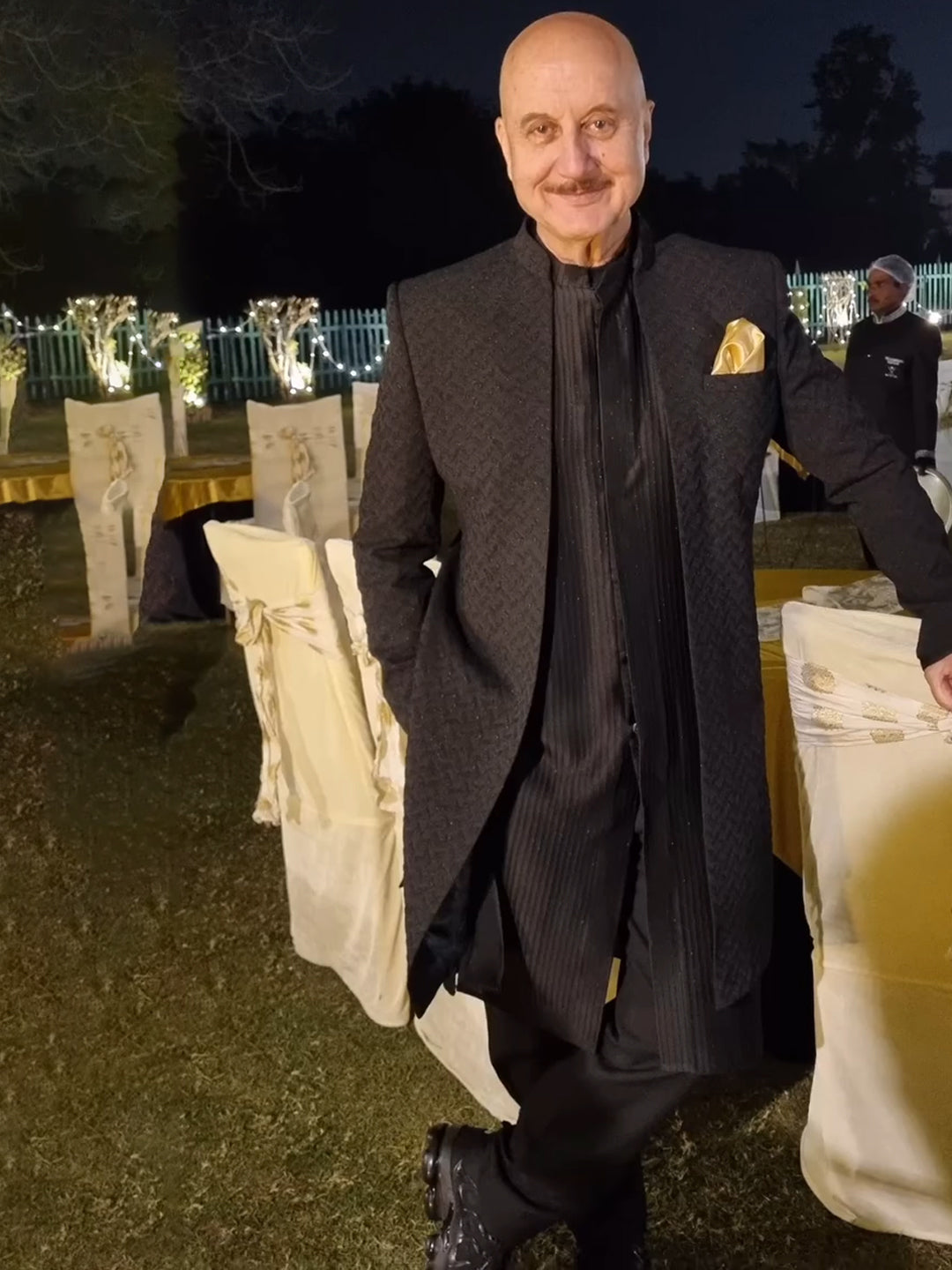 Anupam Kher in Black Shimmer Jacket Kurta set