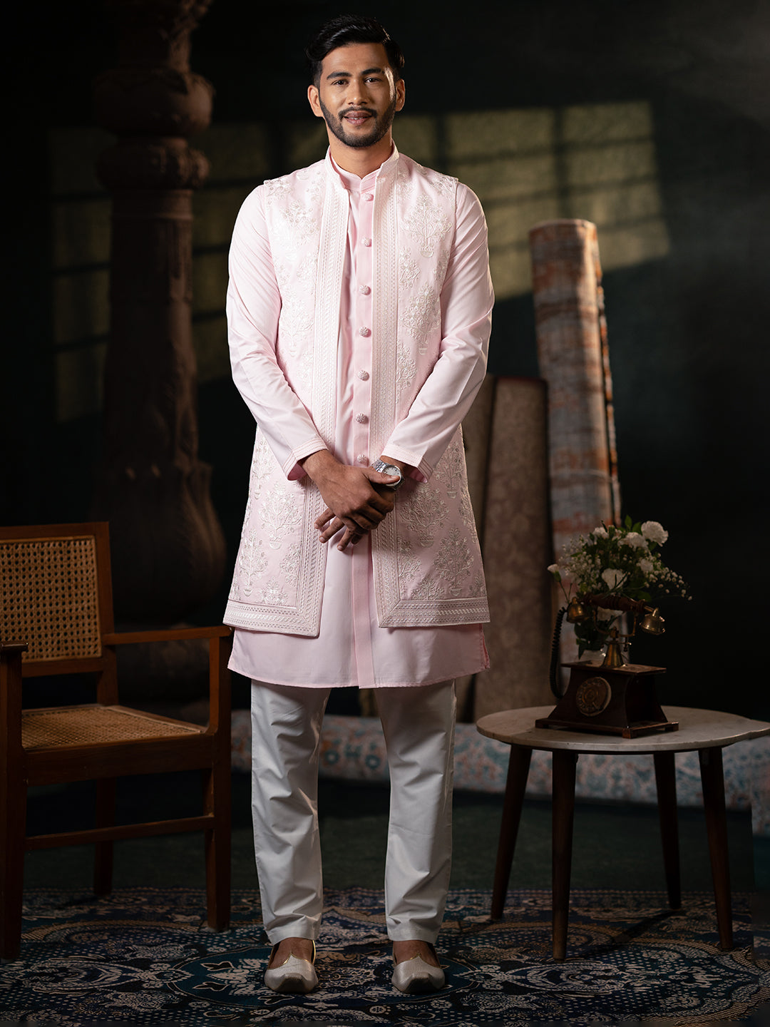 Pink linen Embroidery  Long Open Jacket Kurta Set