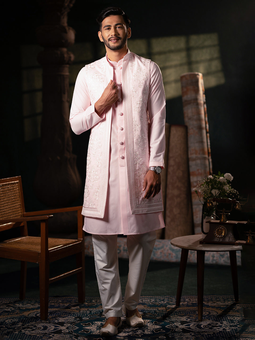 Pink linen Embroidery  Long Open Jacket Kurta Set