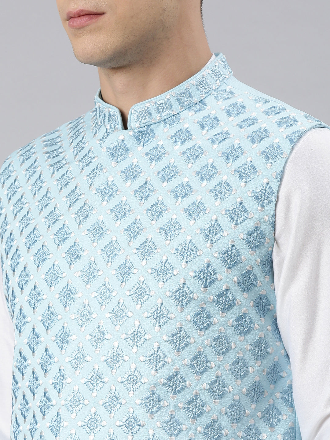 Light Blue Embroidered Jacket Kurta Set