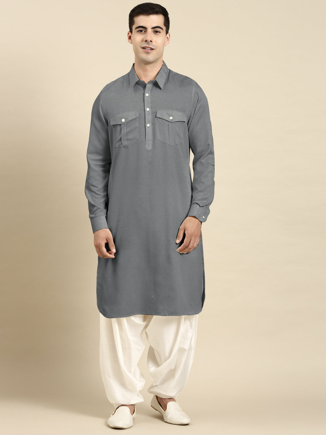 Grey Cotton Pathani with Salwar