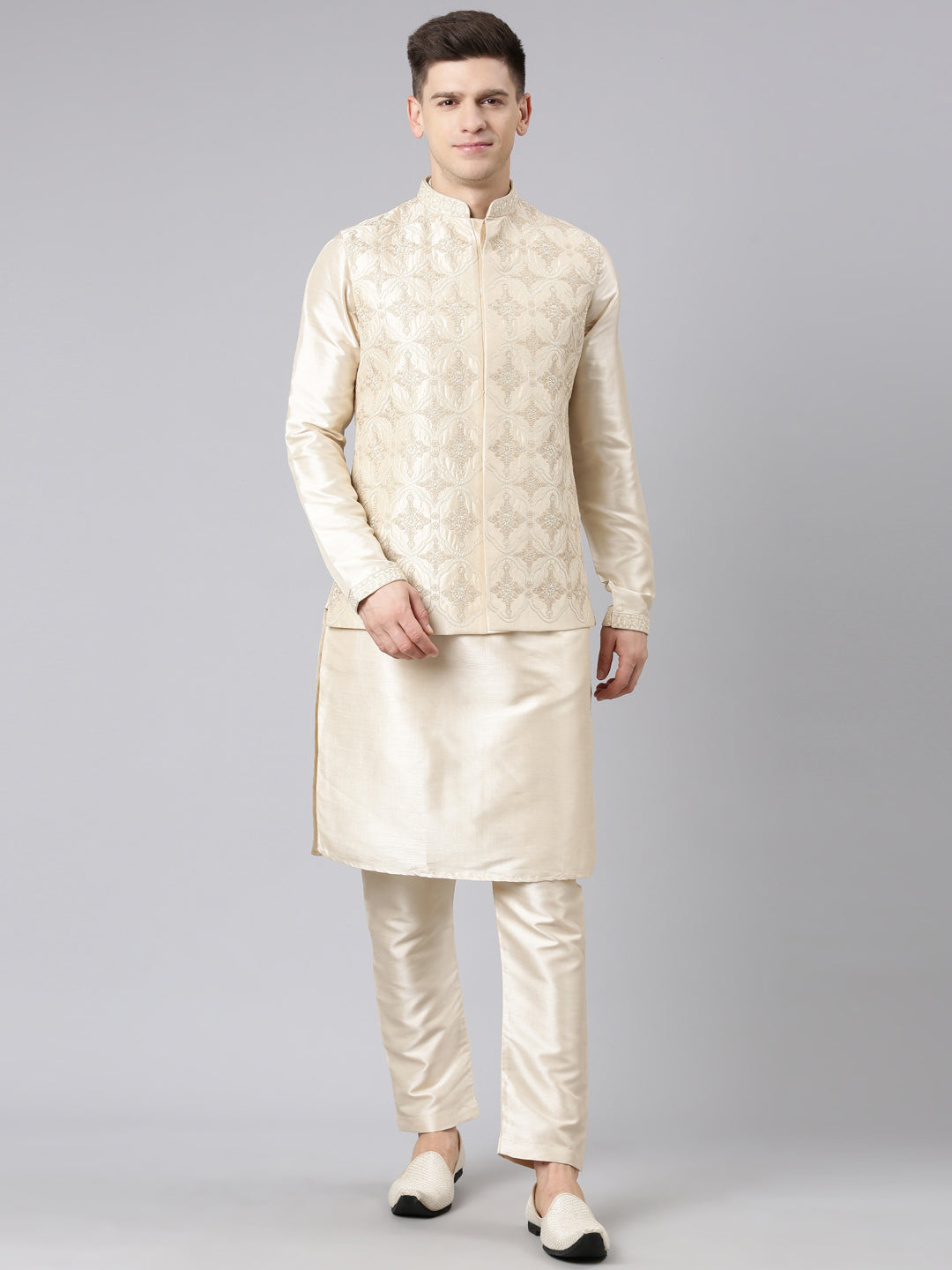 Beige Dori Embroidery Jacket Kurta Set