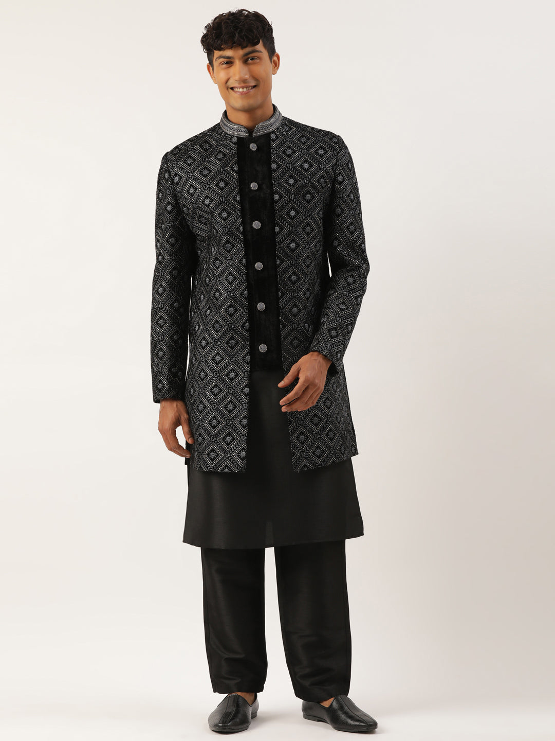 Black Velvet Embroidered Layered Indowestern