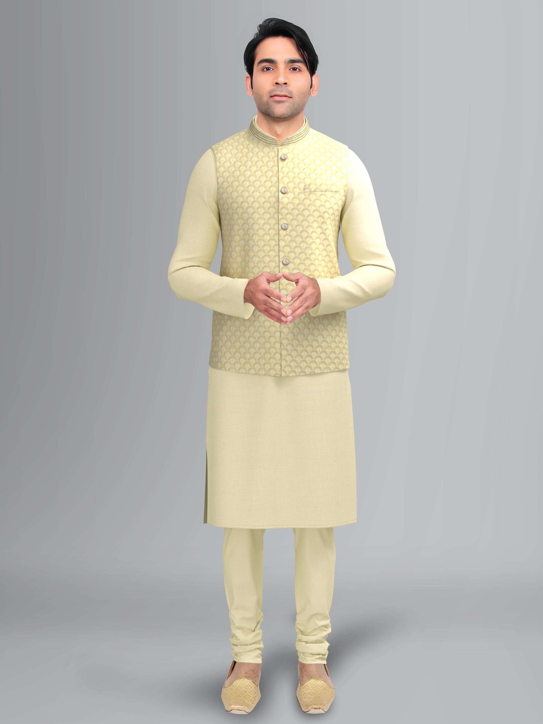 Cream Scallop Jacket with Cream Silk Kurta