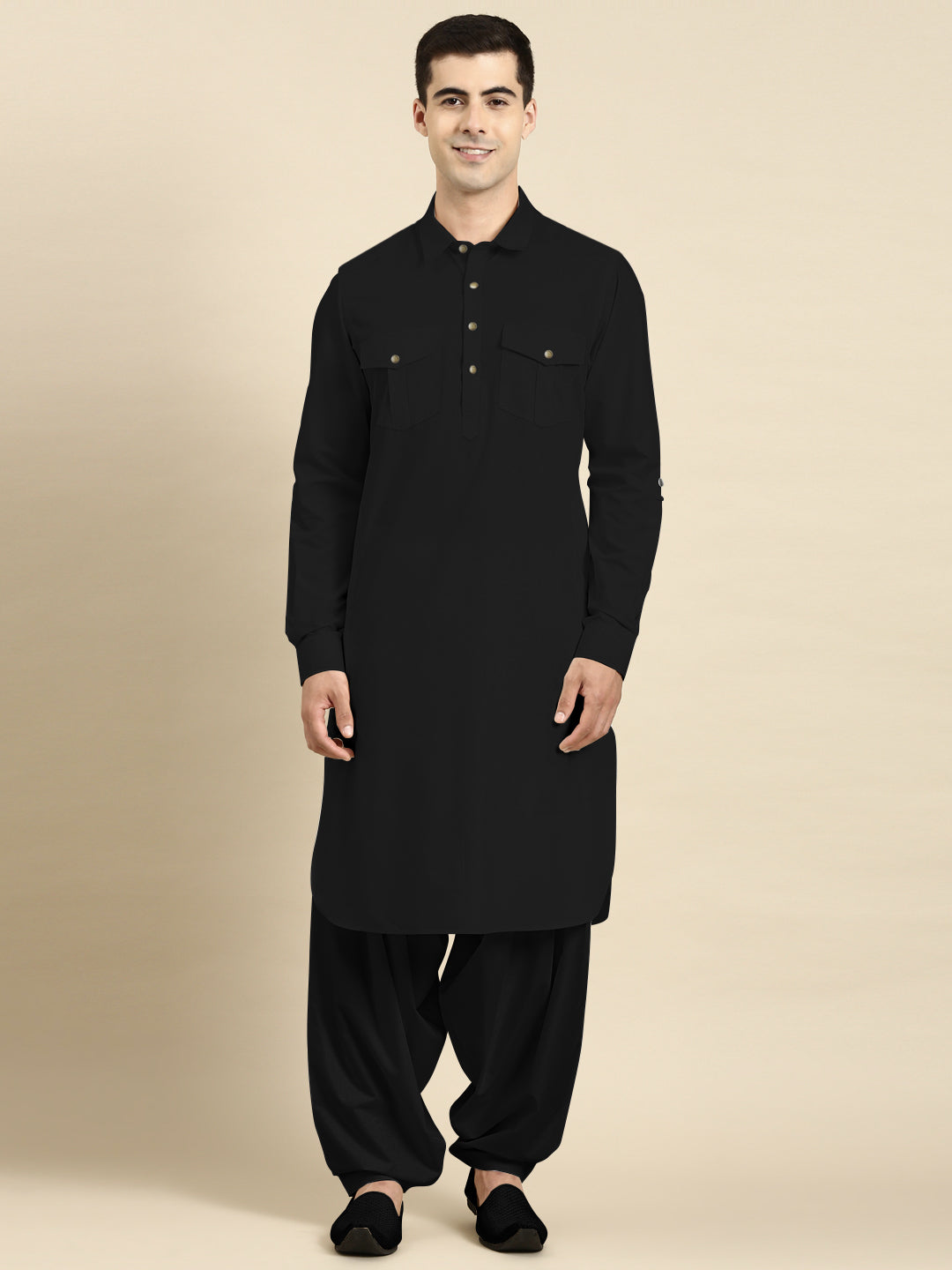 Black Fine Cotton Pathani With Salwar