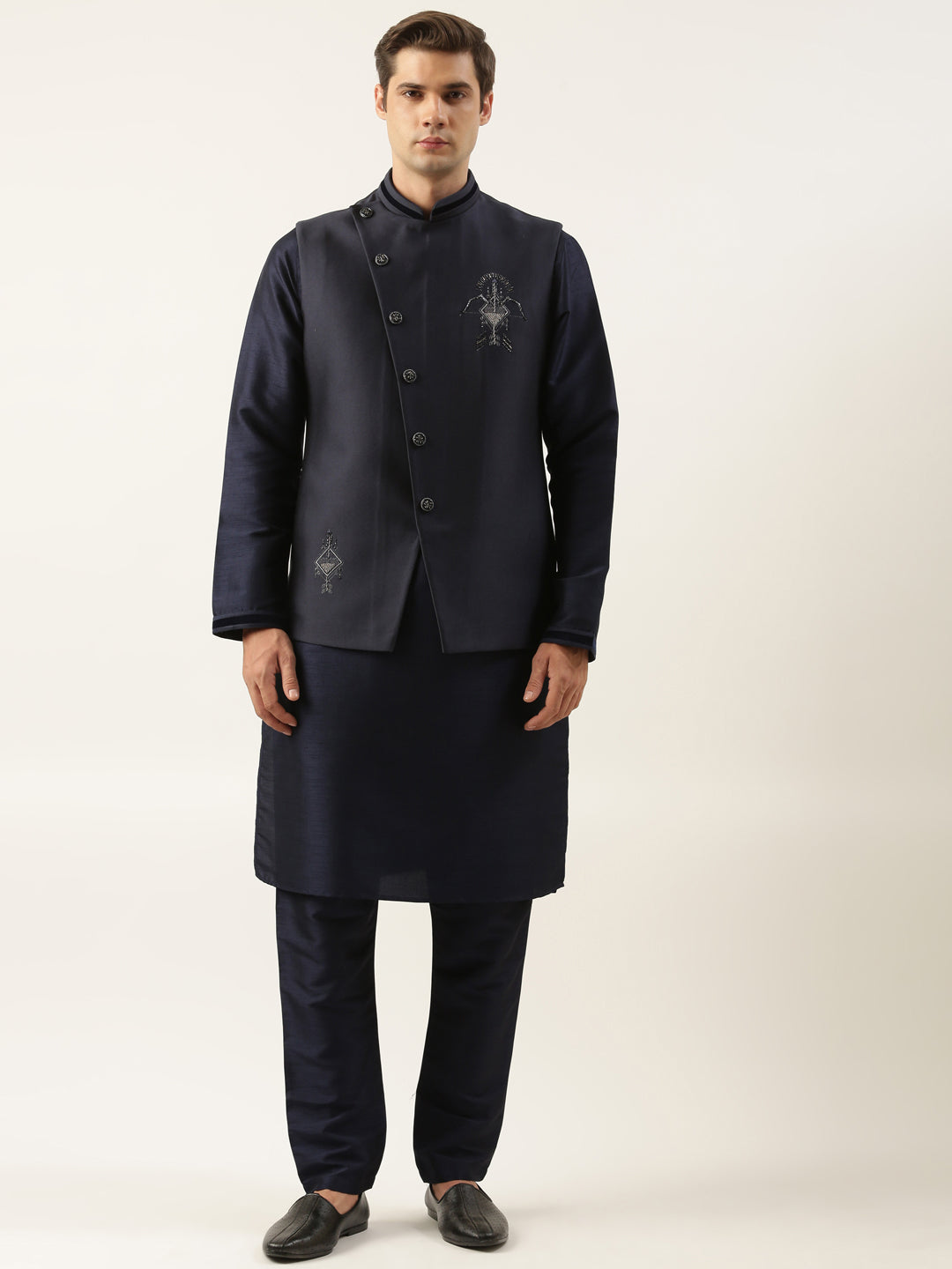 Navy Embroidered Jacket Kurta Set