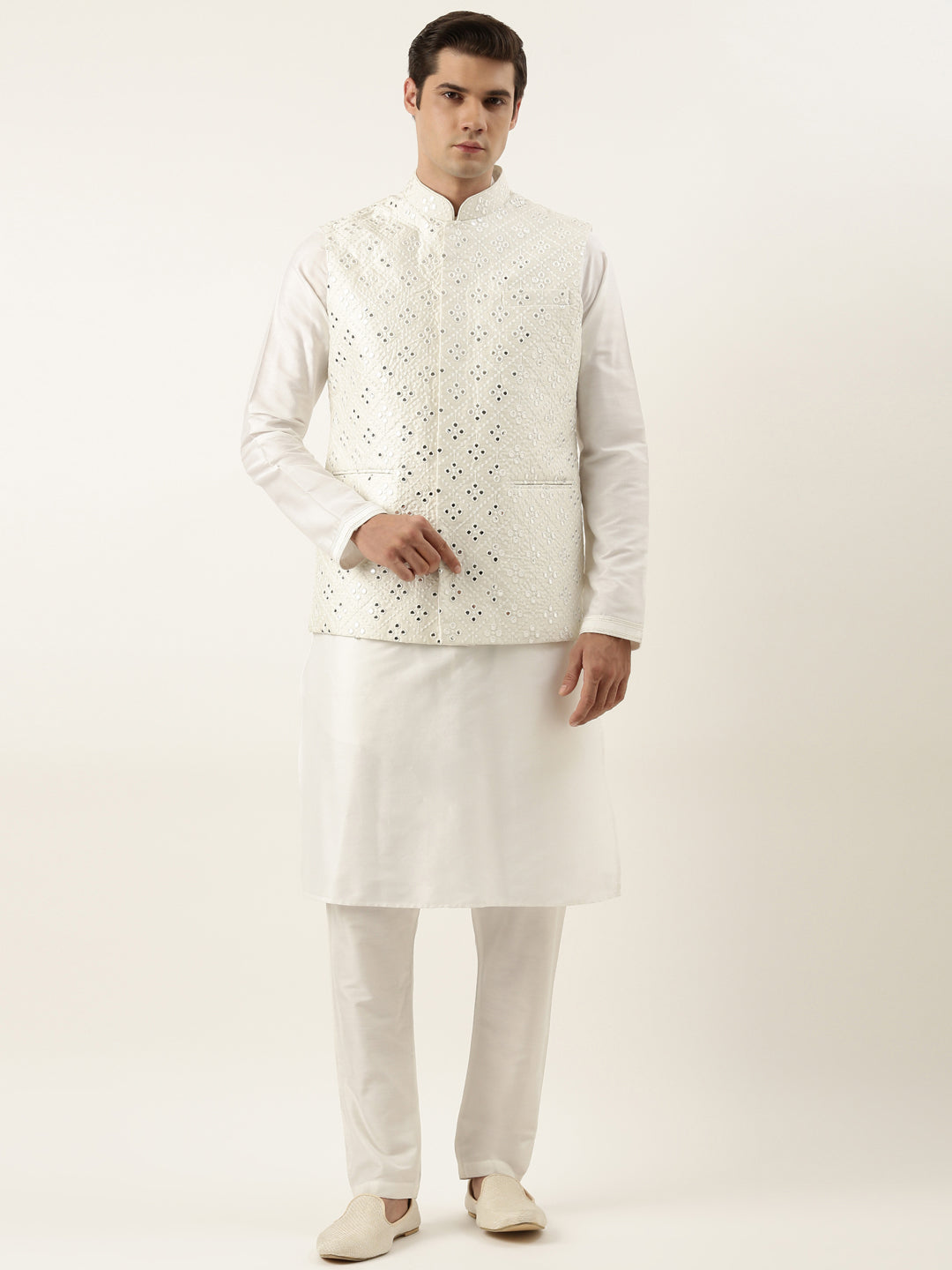 Off White Mirror Embroidered Jacket Kurta Set