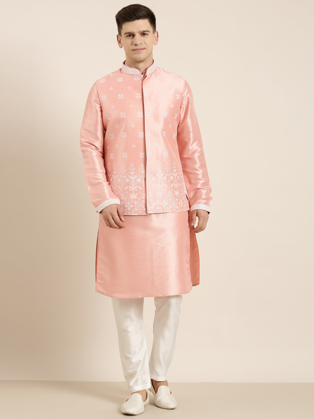 Peach Embroiderd Jacket Kurta Set