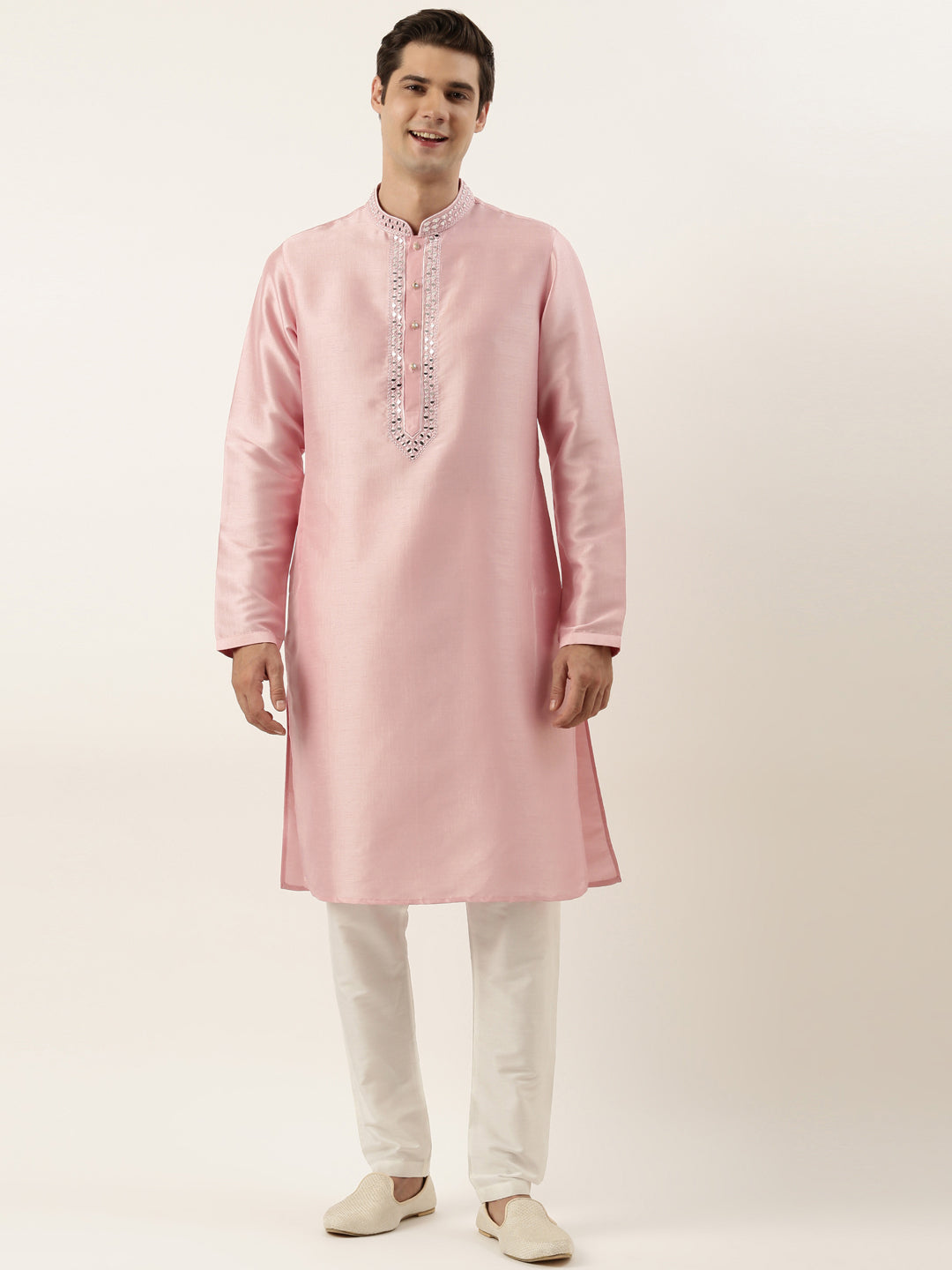 Pink Silk Mirror Embroidered Kurta Set