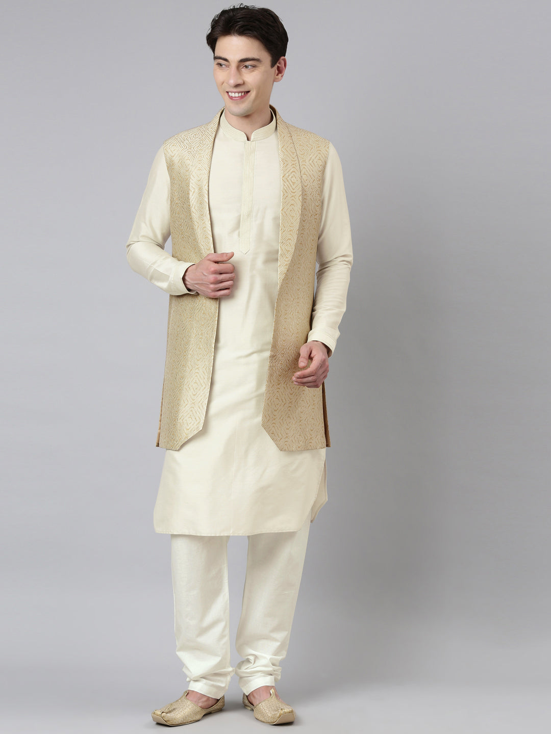 Cream Printed Lapel Style Jacket With Cream Gold Motif Kurta