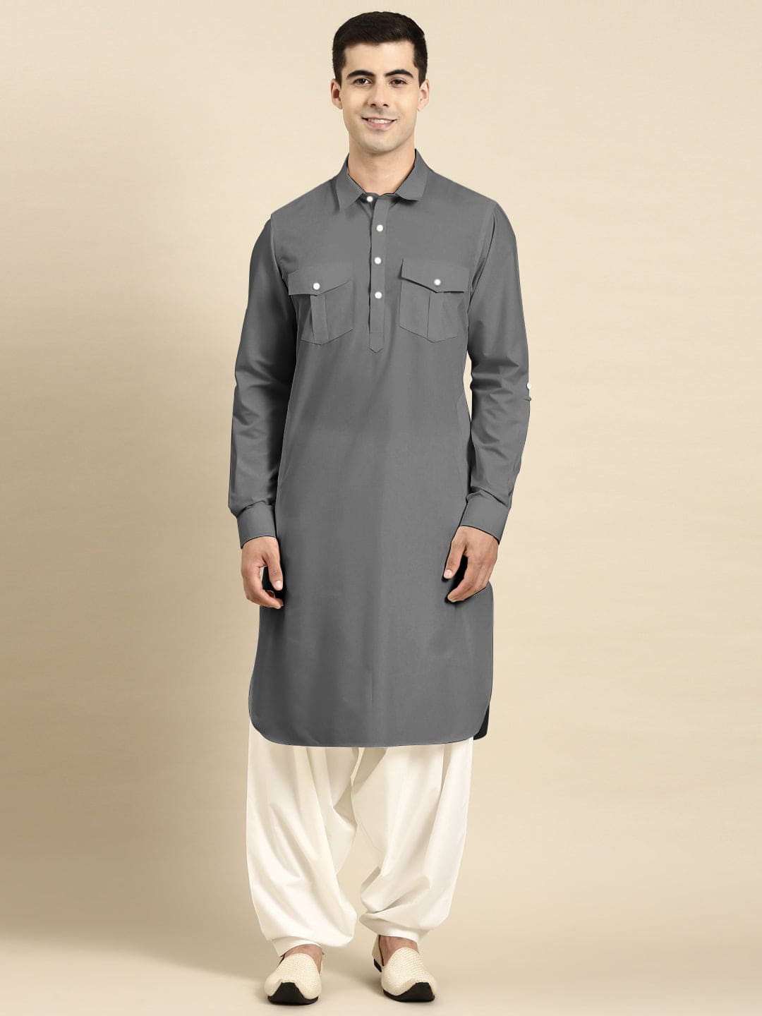 Grey Fine Cotton Pathani With Salwar