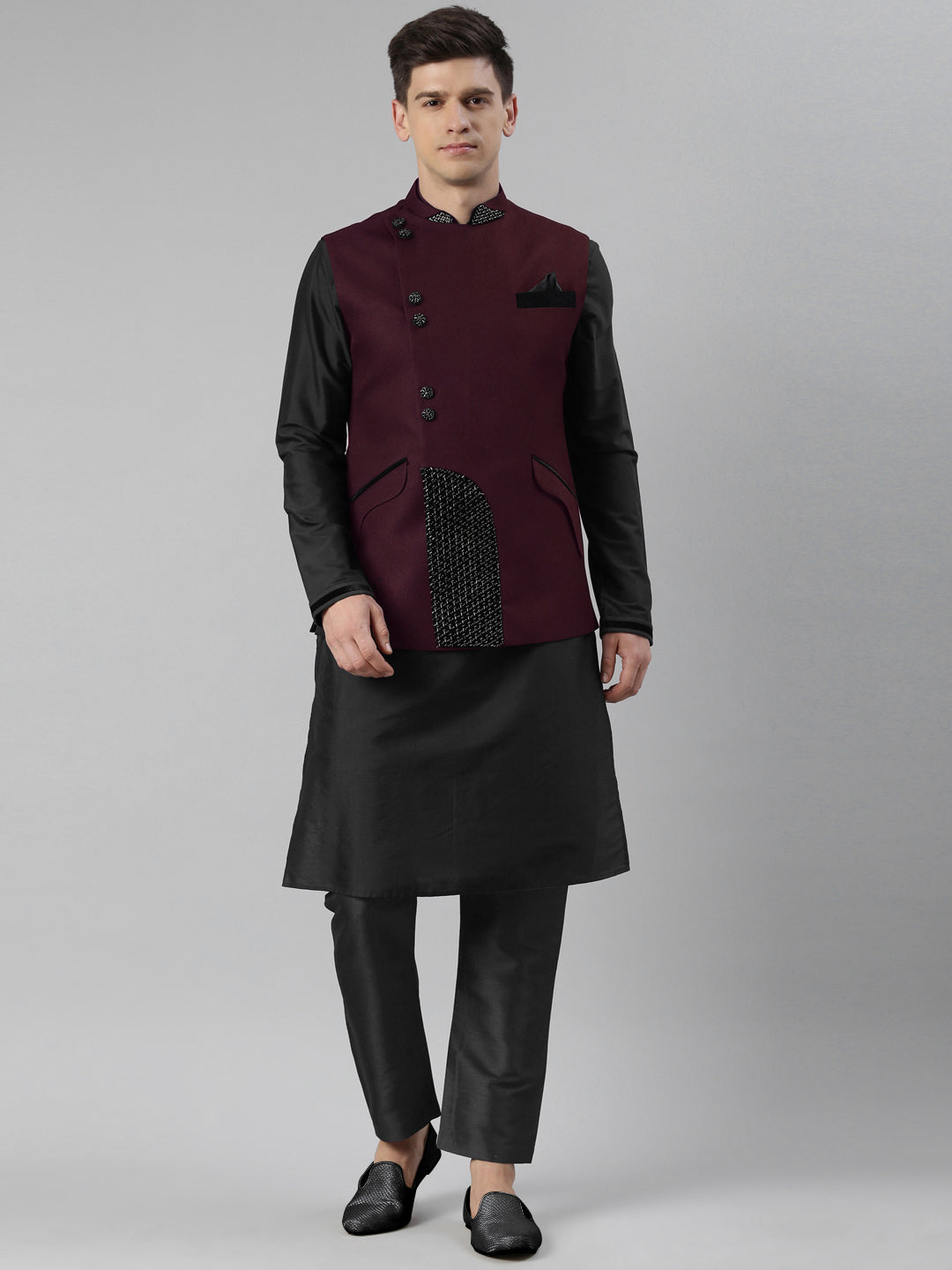 Wine Embroidered Overlap Jacket Kurta Set