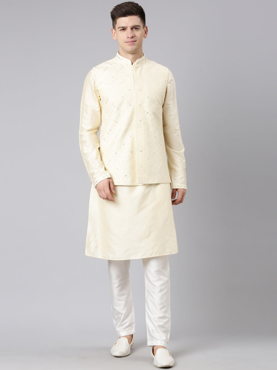 Beige Dori Embroidery Jacket Kurta Set