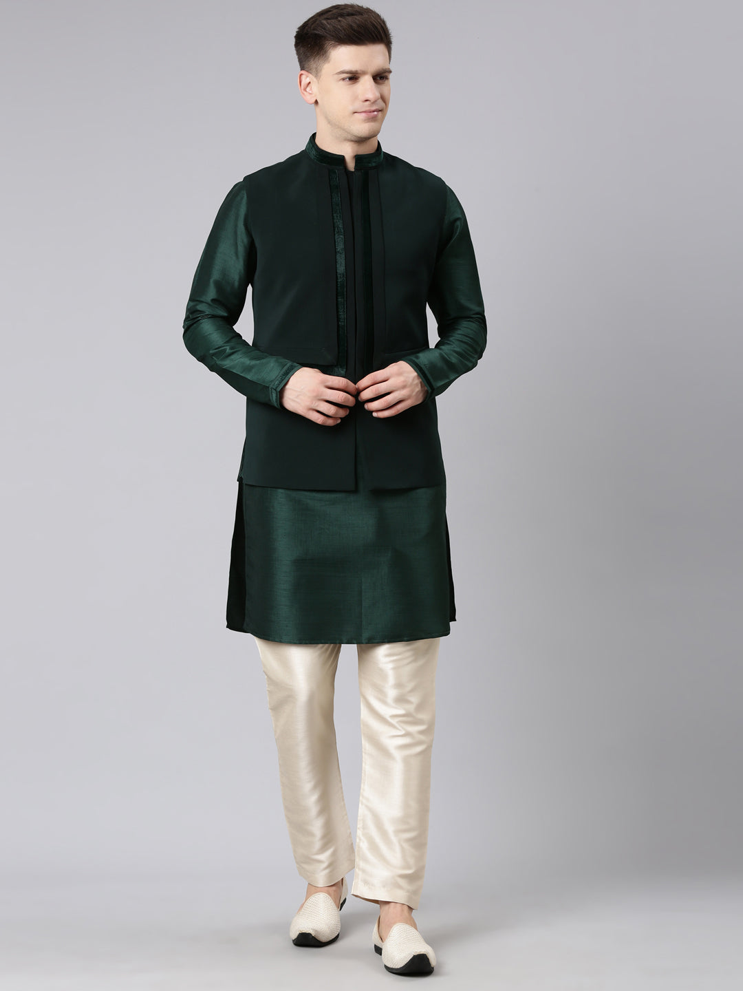 Green Pleated Jacket Kurta Set