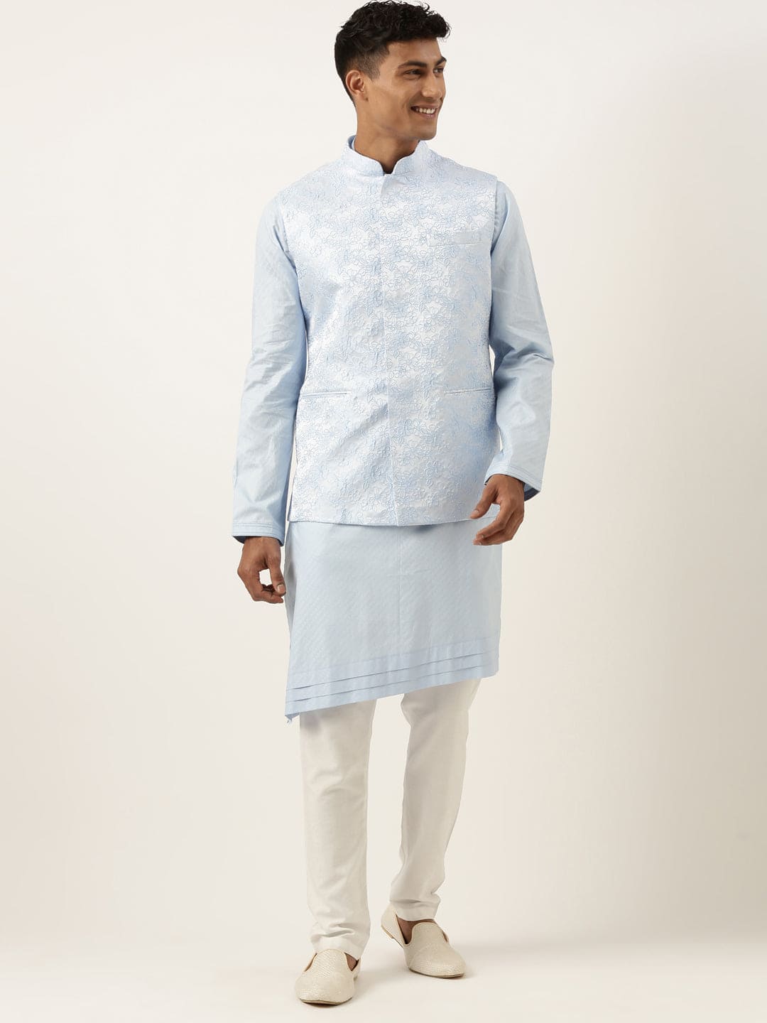 Powder Blue Jacquard Jacket W Blue Cotton Kurta