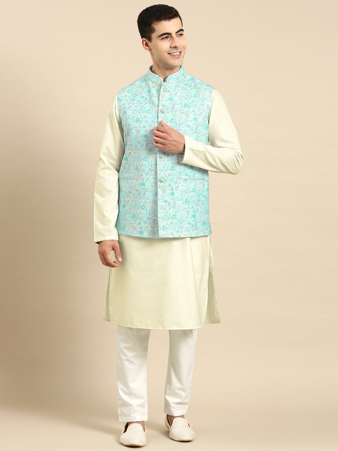 Light Pastel Blue Linen Jacket with Kurta Set