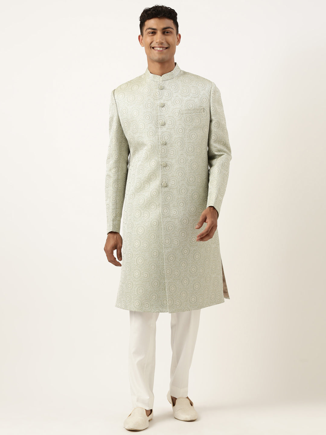 Green Jacquard Indowestern Set