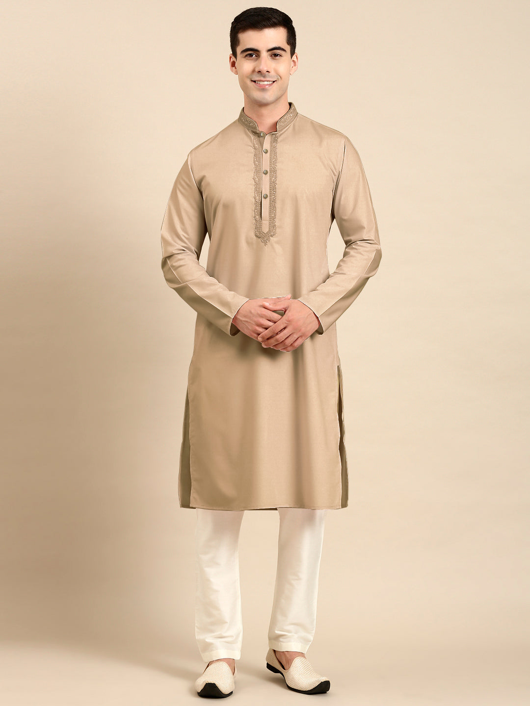 Beige Cotton Dori Embroidered Kurta Set