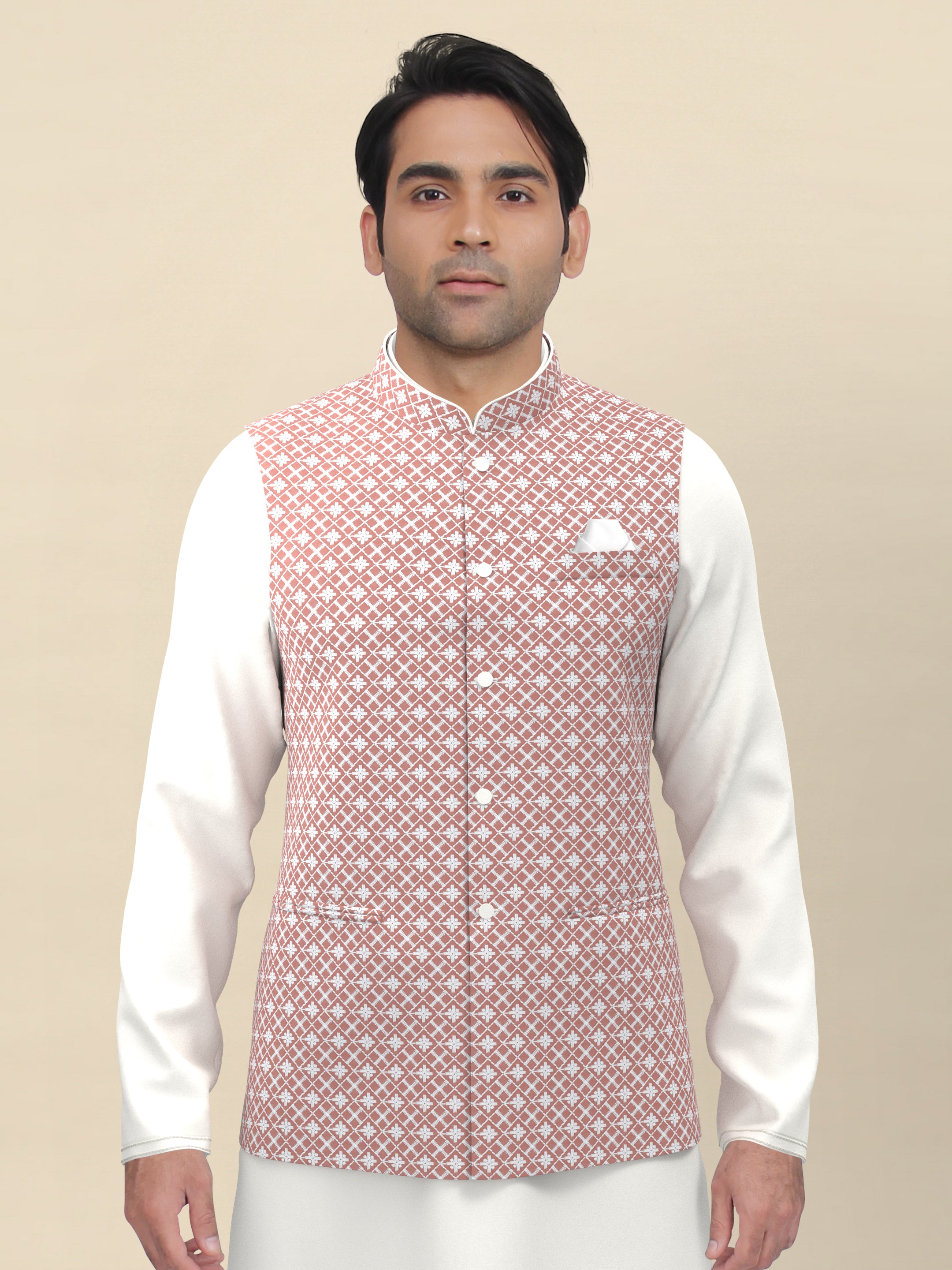 Peach Chikankari Jacket Kurta Set