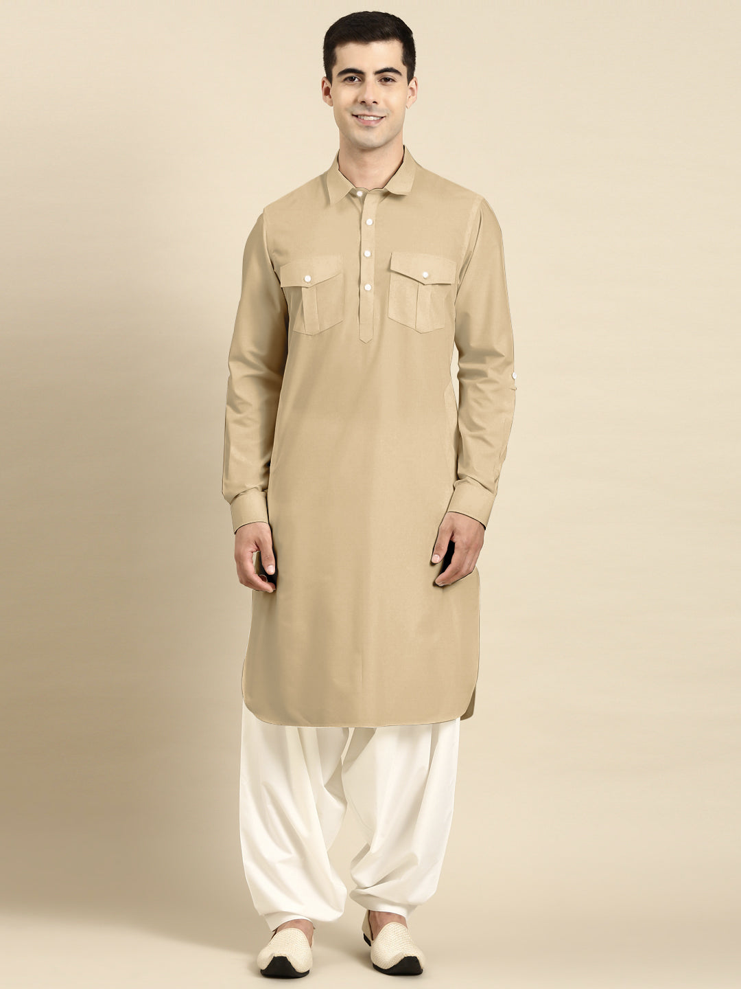 Beige Fine Cotton Pathani With Salwar