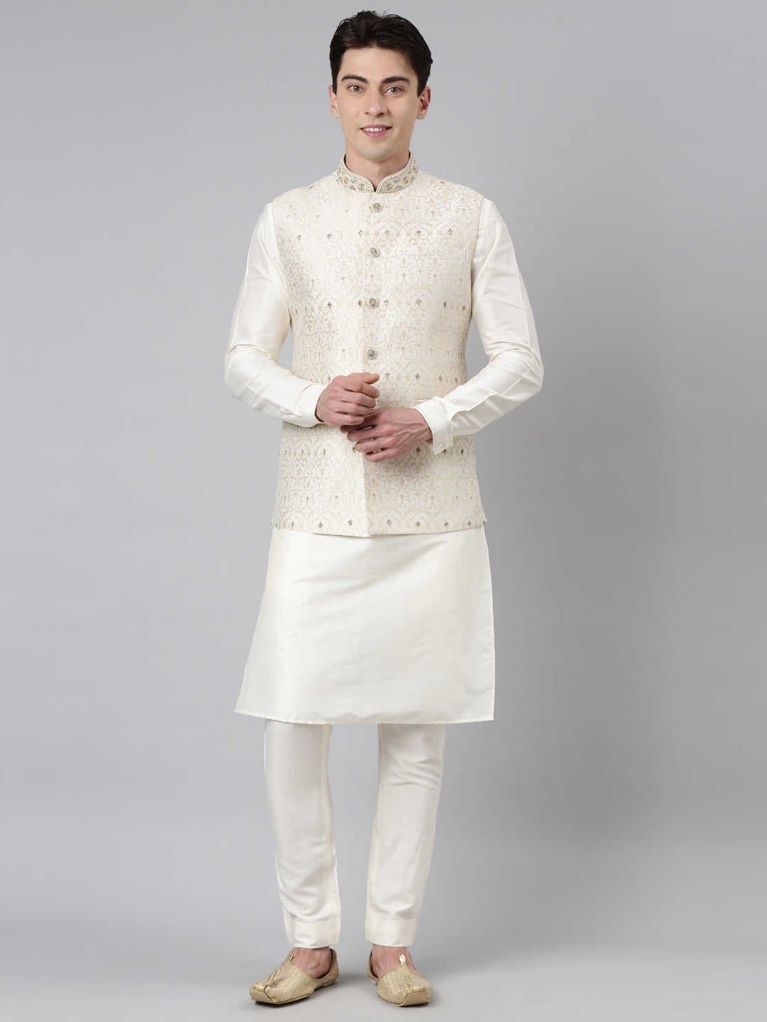 Ivory Gold Jacquard Jacket With Gold Kurta