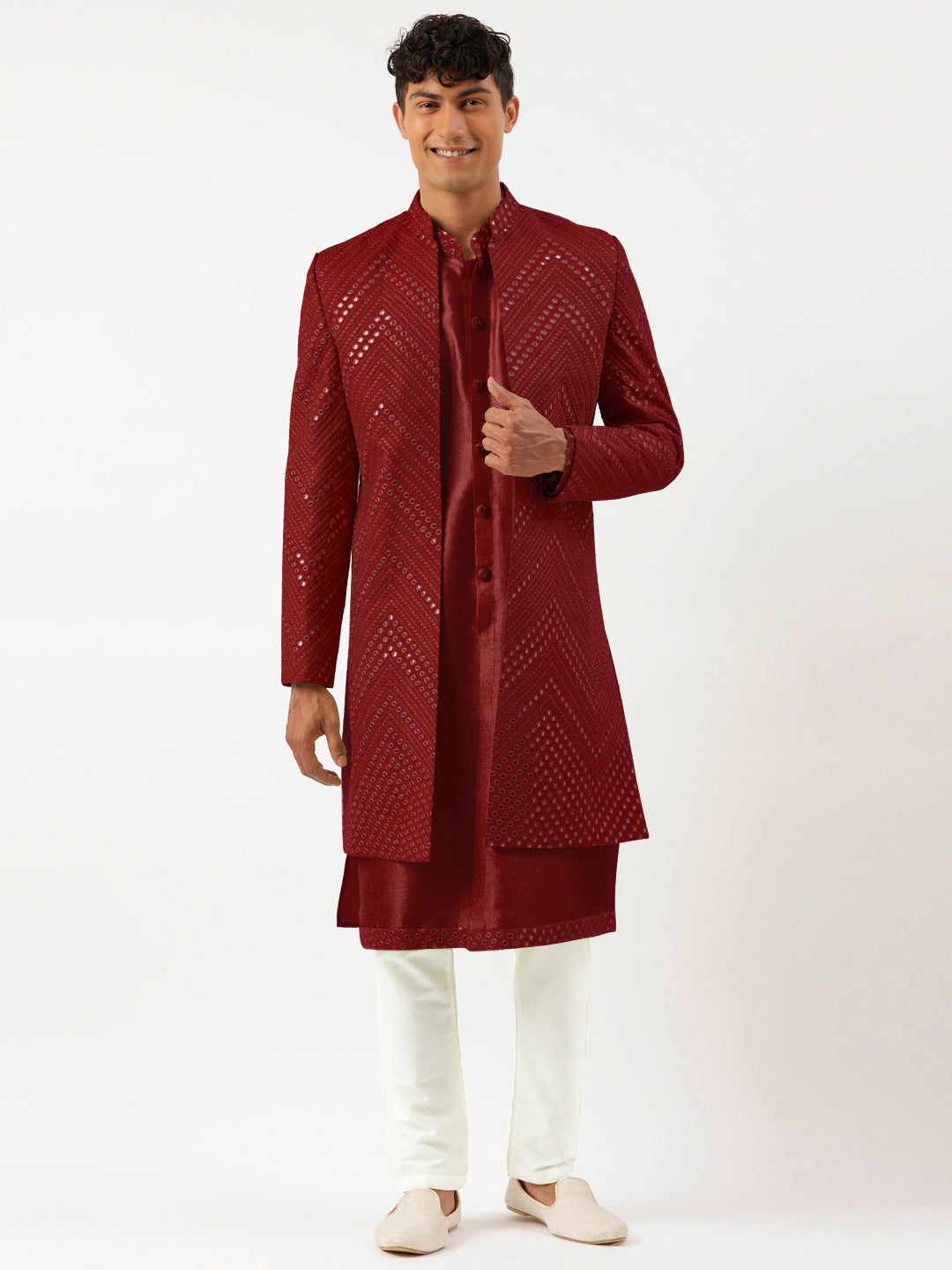 Maroon Mirror Embroidered  Indowestern With Kutra