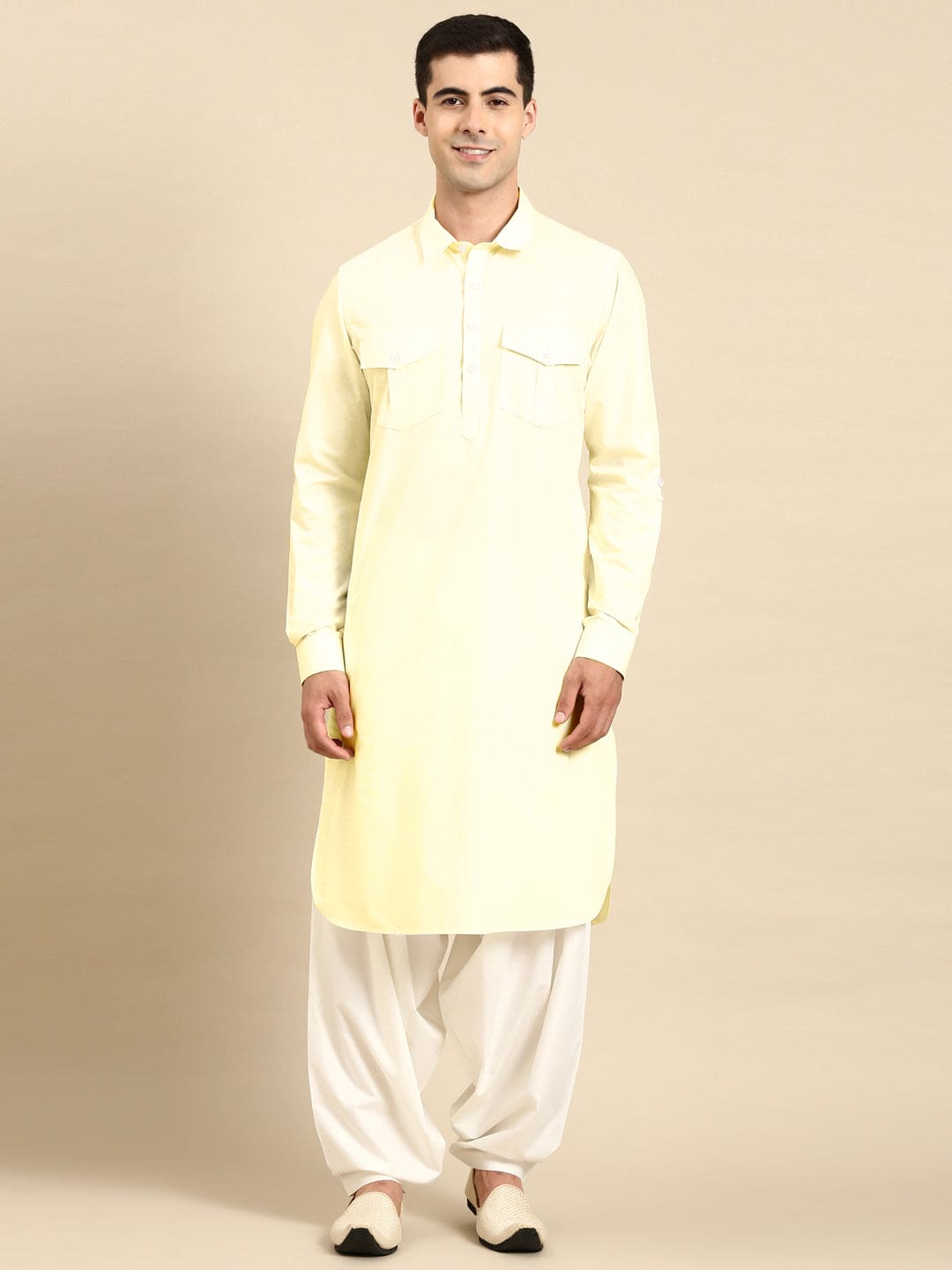 Light Yellow Fine Cotton Pathani With Salwar