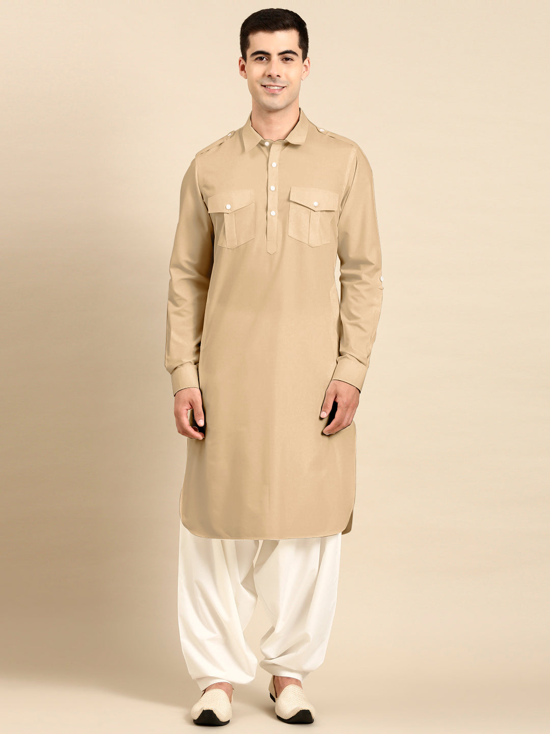 Beige fine Cotton Pathani with Salwar