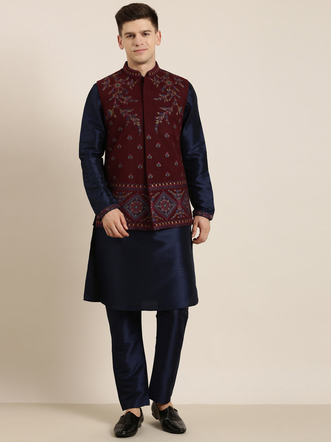 Maroon Pashmina embroidery Jacket With Navy kurta set