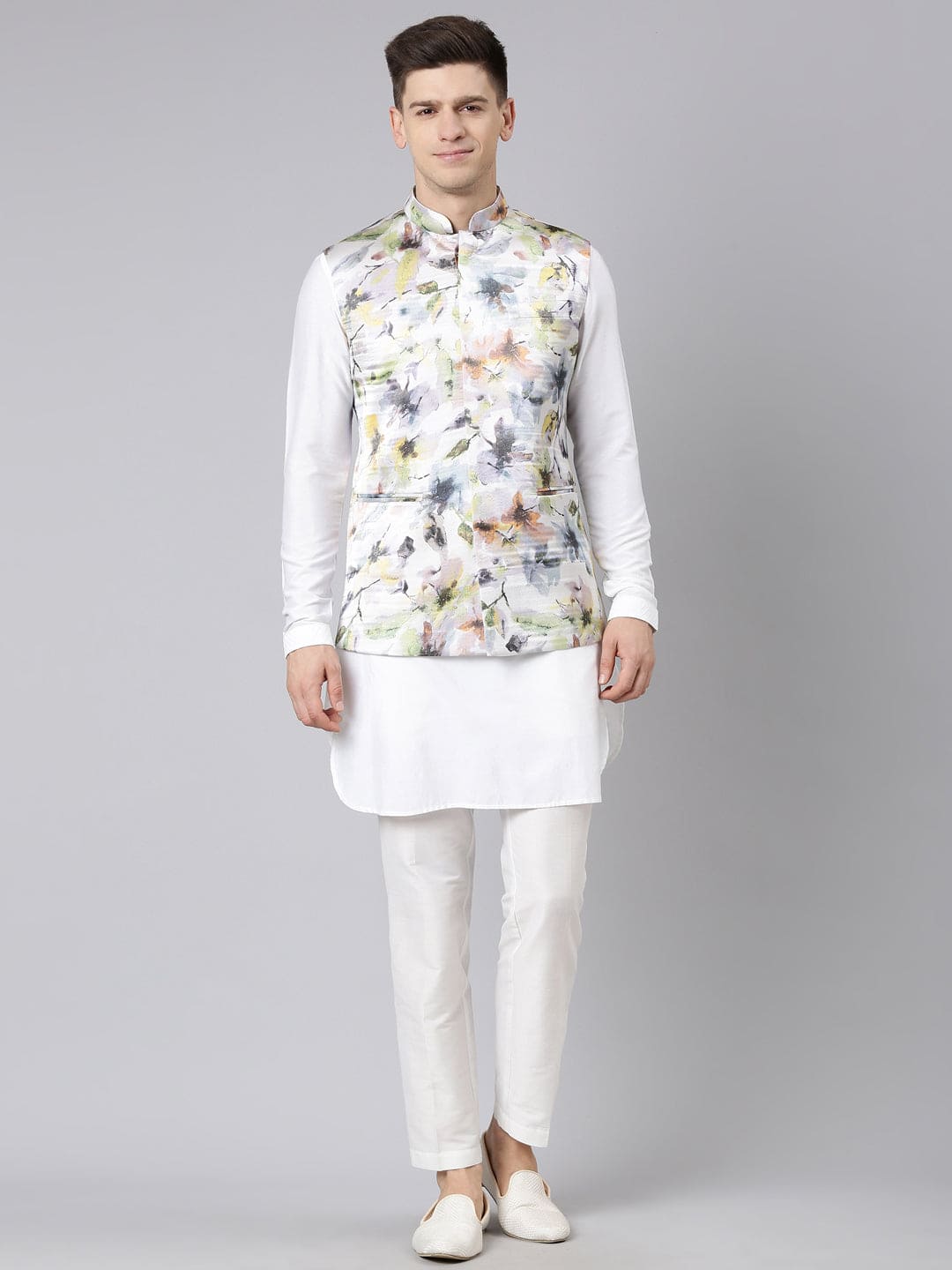 Floral Print Jacket With white Short kurta