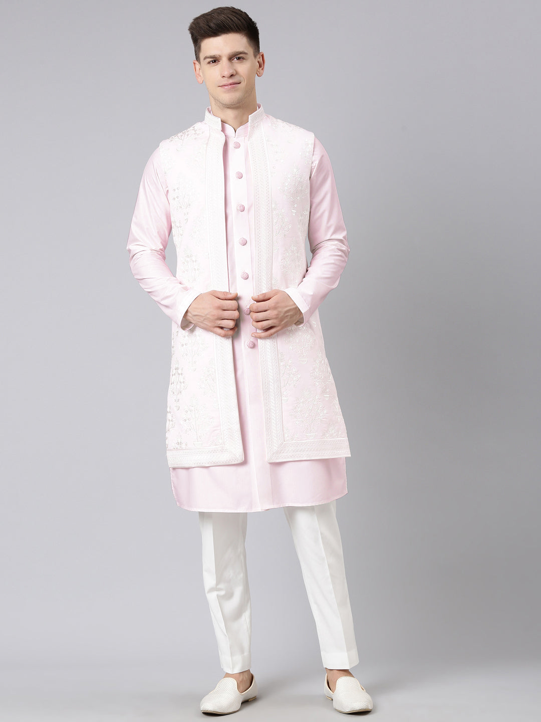 Pink linen Embroidery  Long Open Jacket Kurta Set
