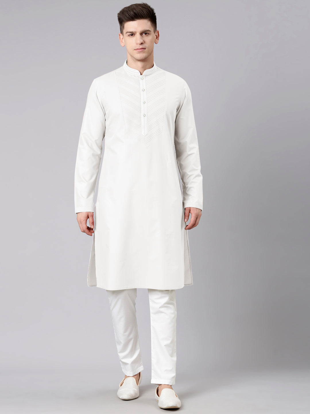 Off White Pleated Cotton Kurta Set