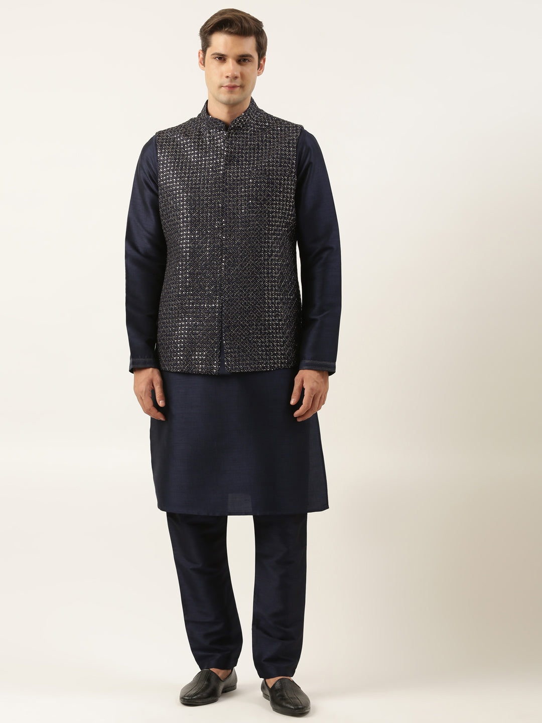 Navy Embroidered Jacket Kurta Set