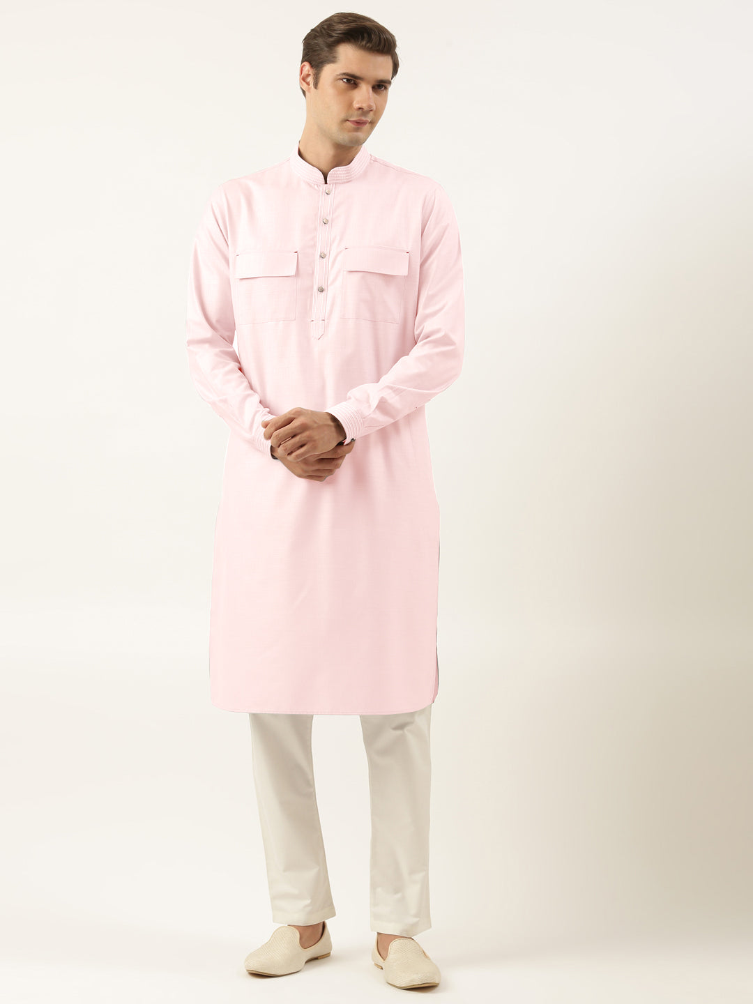 Baby Pink Pure Cotton Pathani Kurta Set with Patch pocket