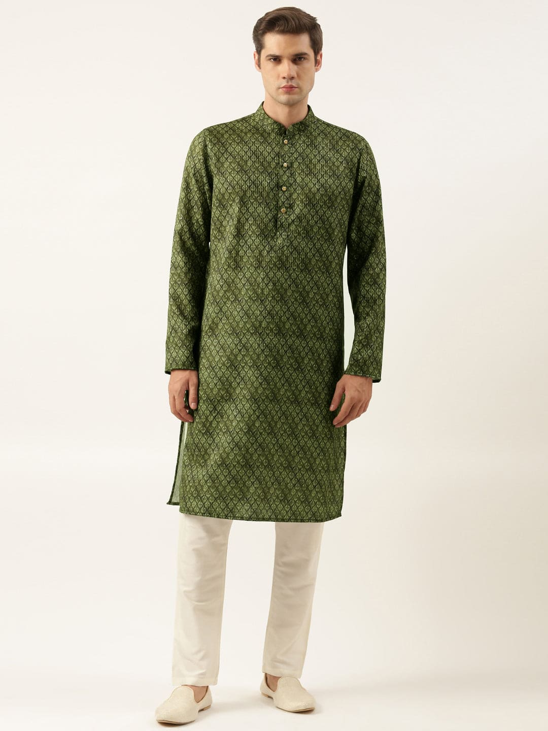 Olive Printed Sequin Embroidered Kurta Set