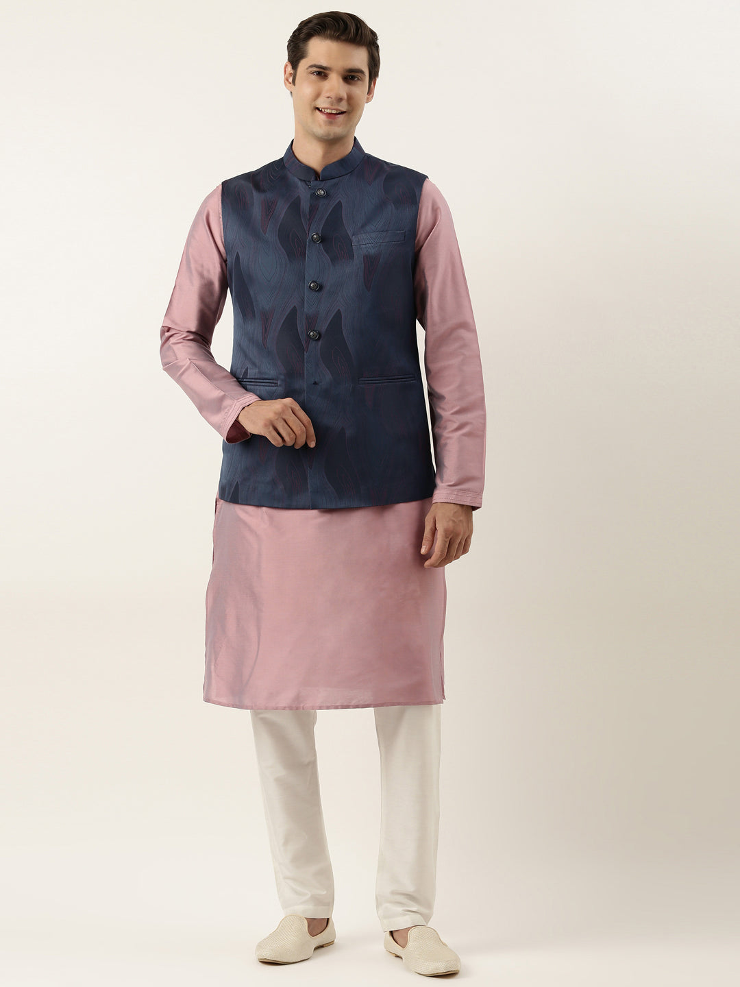 Navy Pink Jacquard Jacket With Pink Kurta