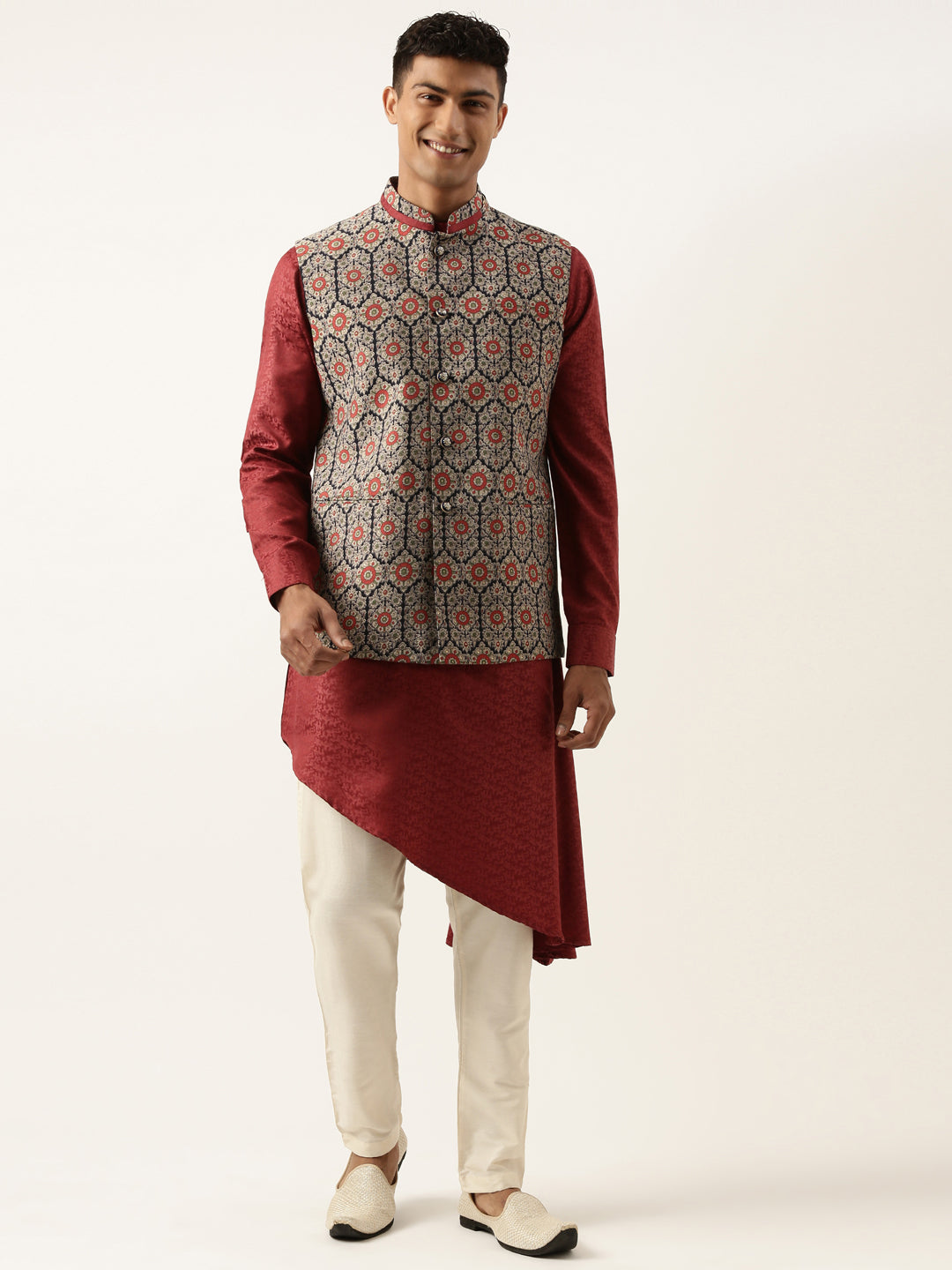 Printed Jacket with Self-design Drape Side-Open Kurta