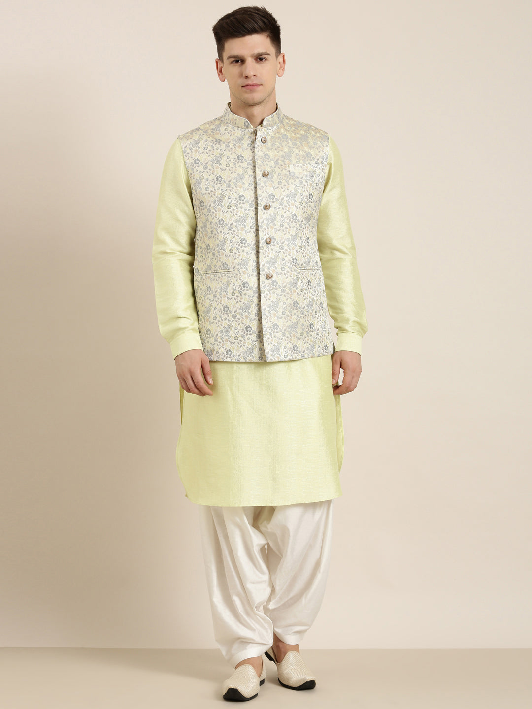 Pastel Green Jacquard Jacket With Kurta Set