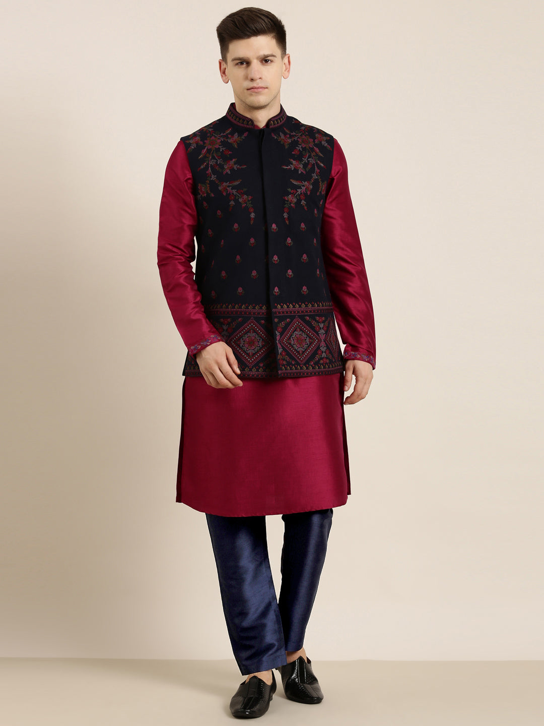 Navy Pashmina Embroidered Jacket With Maroon Kurta set