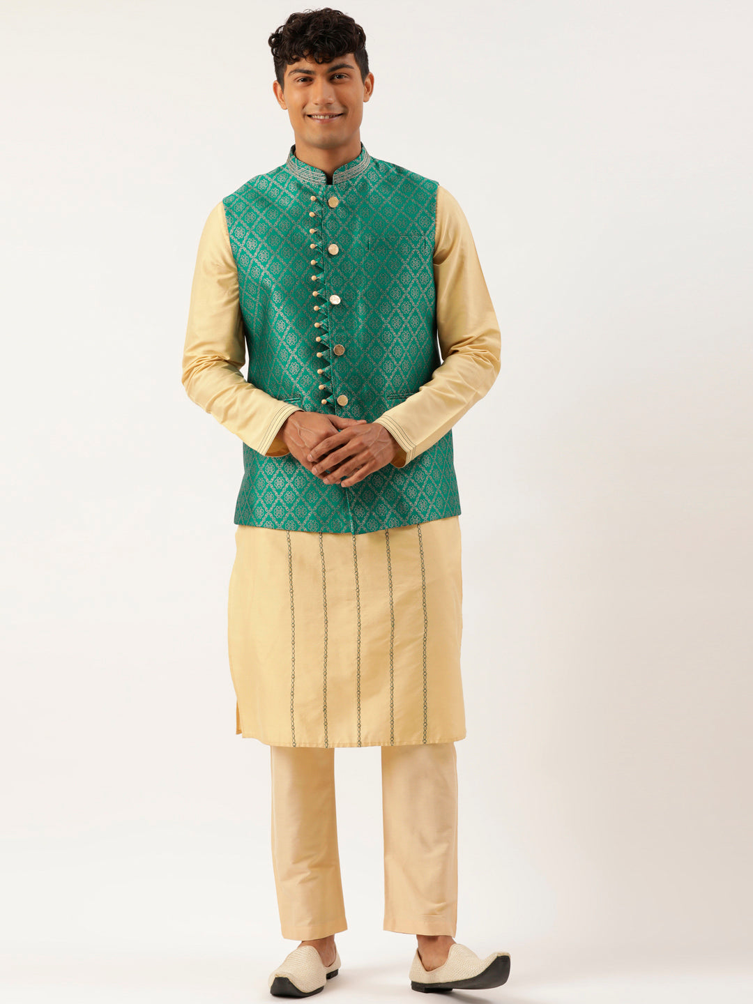 Sea Green With Golden Floral Jaal Jacket With Kurta Set