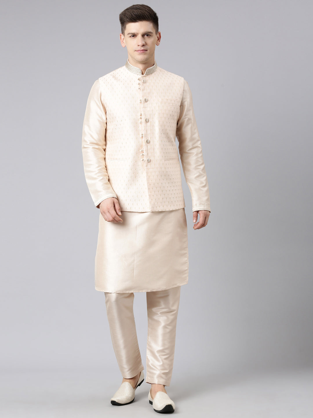 Light Pink Banarasi Jacquard Jacket Kurta Set