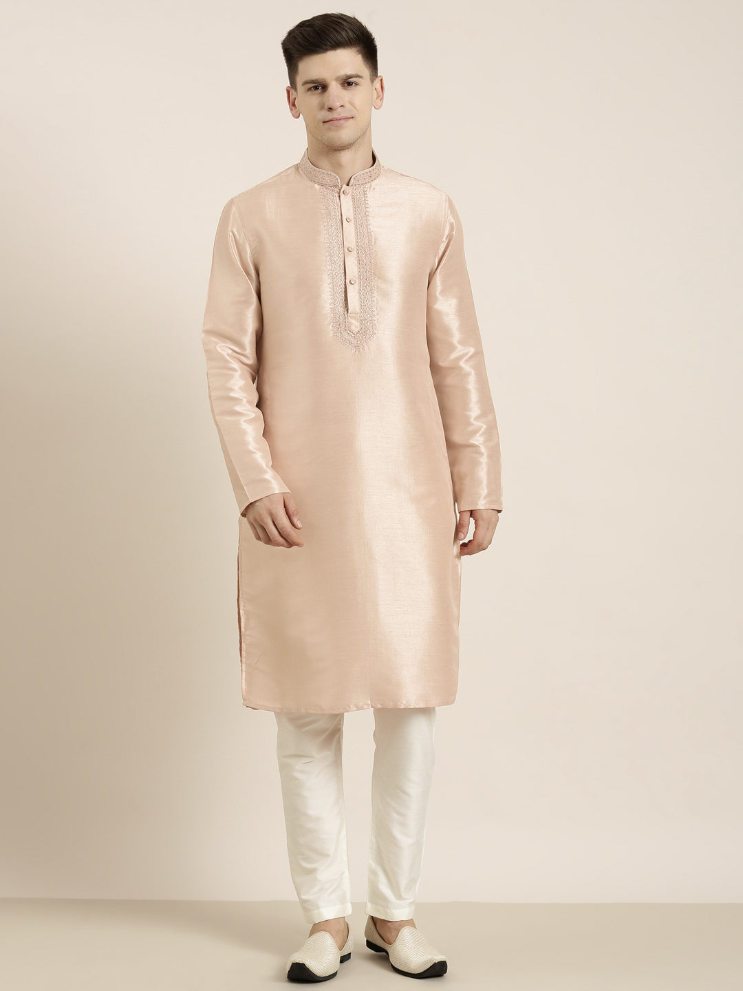 Peach Silk Embroidered Kurta Set