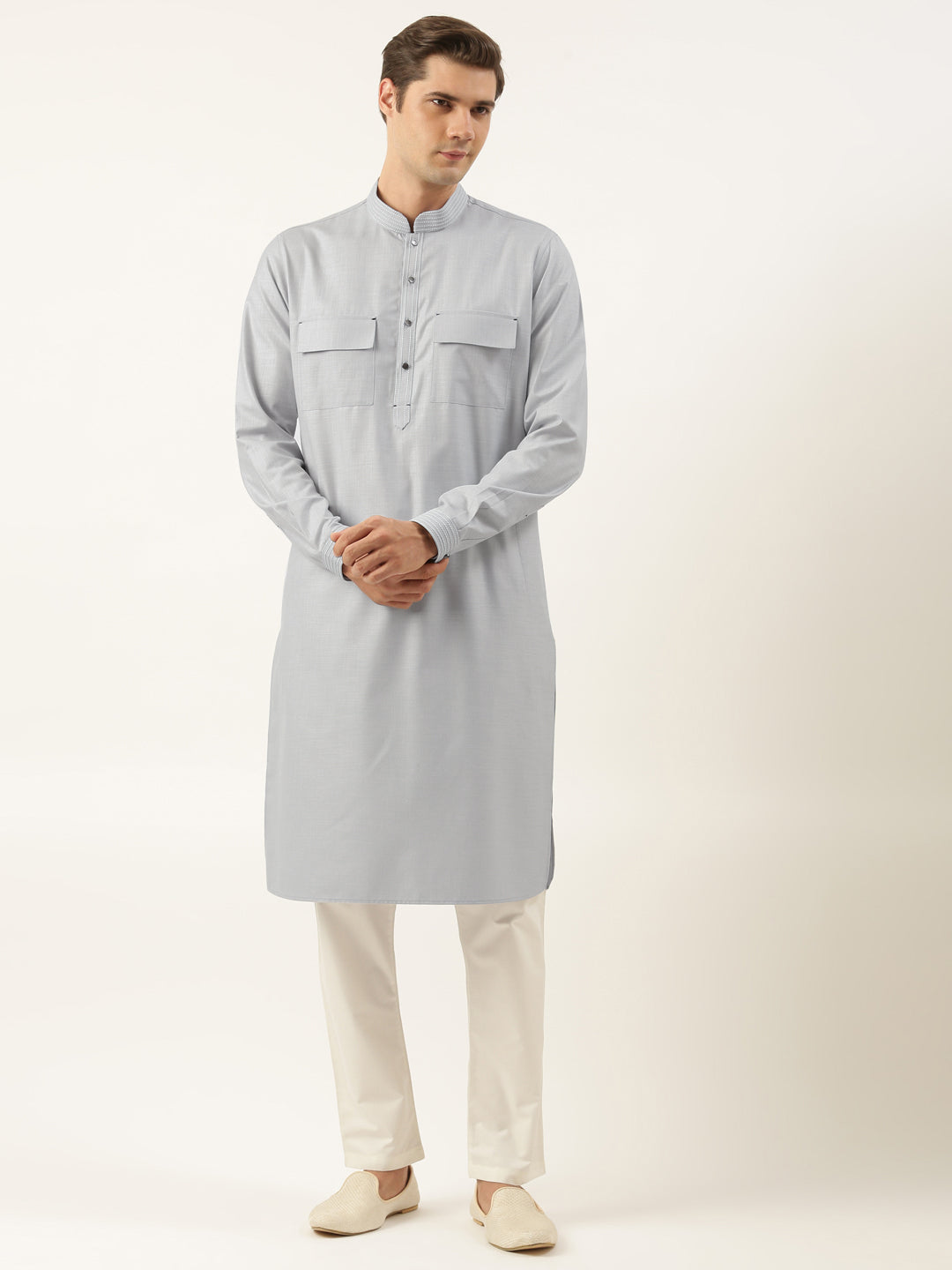 Grey Pure Cotton Pathani Kurta Set with Patch Pocket