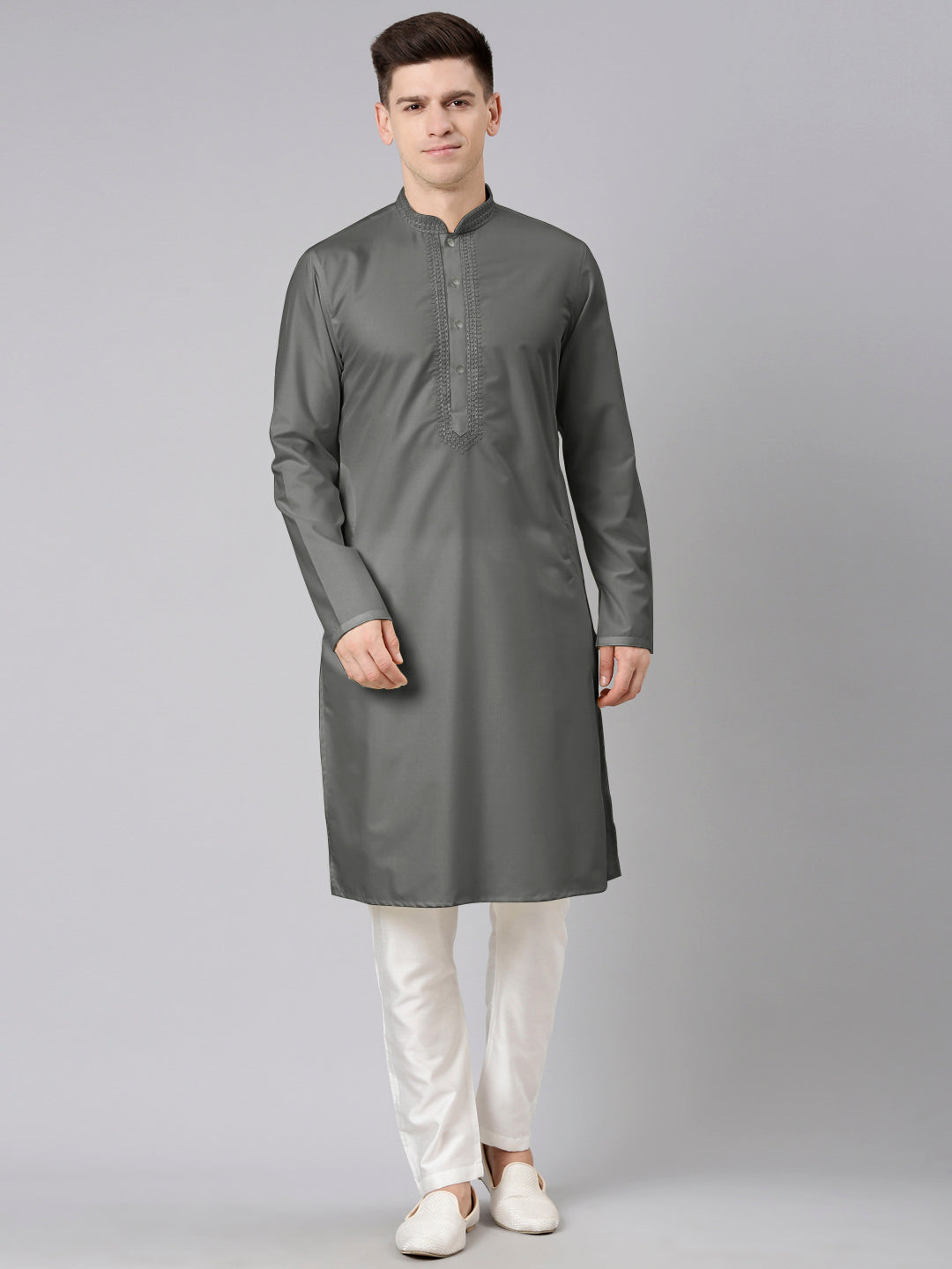 Grey Cotton Dori Embroidery Kurta Set