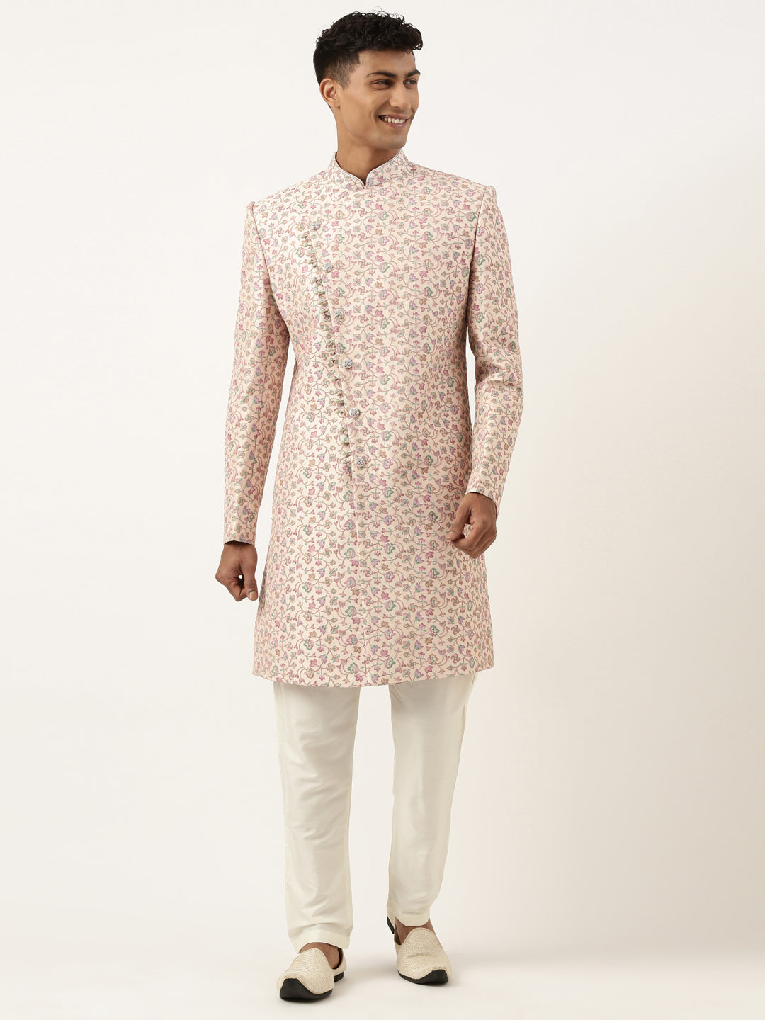 Peach Floral Angrakha Embroidered Indo