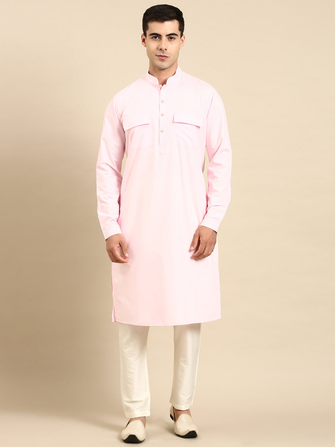 Light Pink Cotton Pathani Kurta Set with Patch pocket