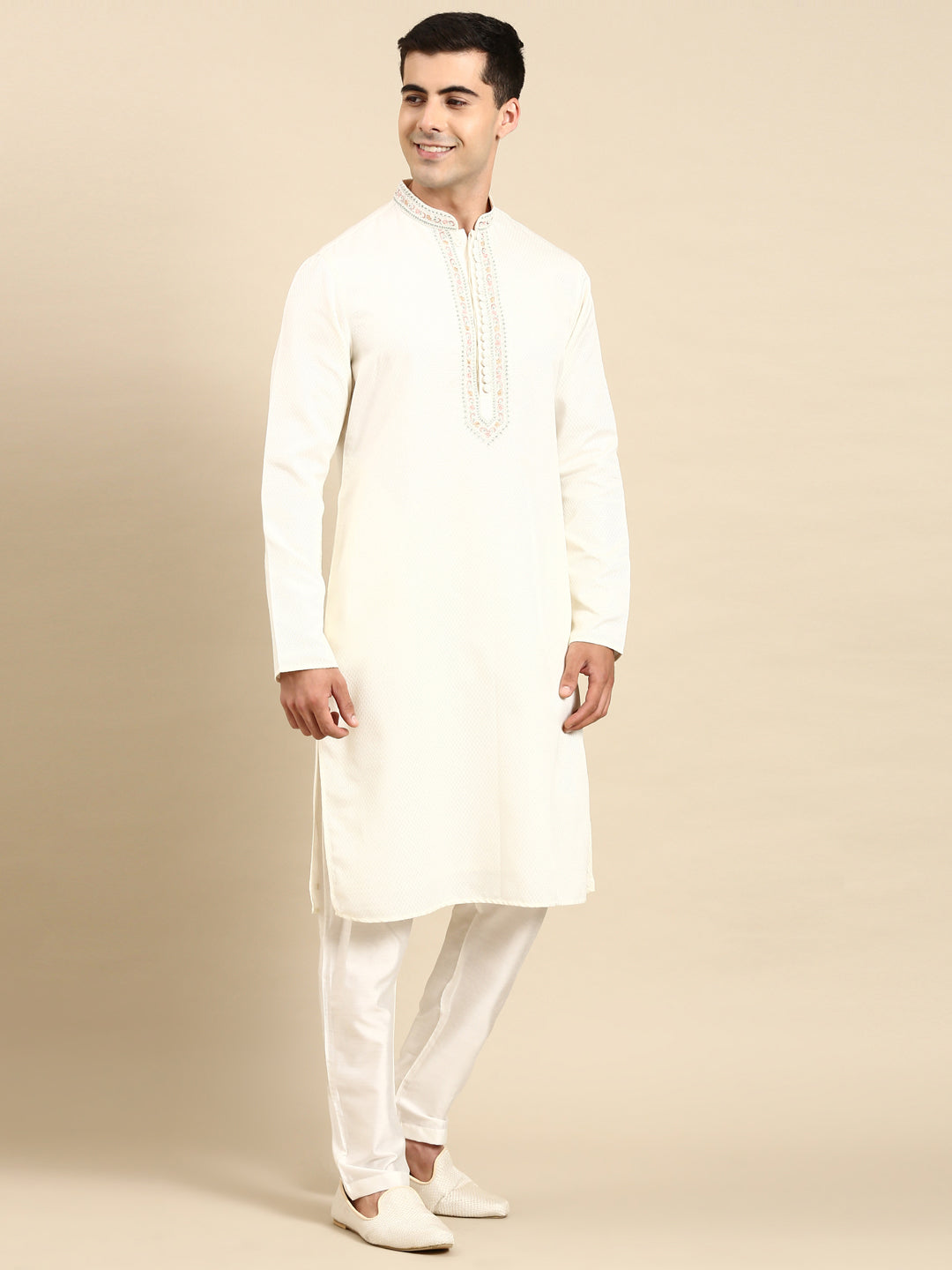 Off White Embroidered Kurta Set