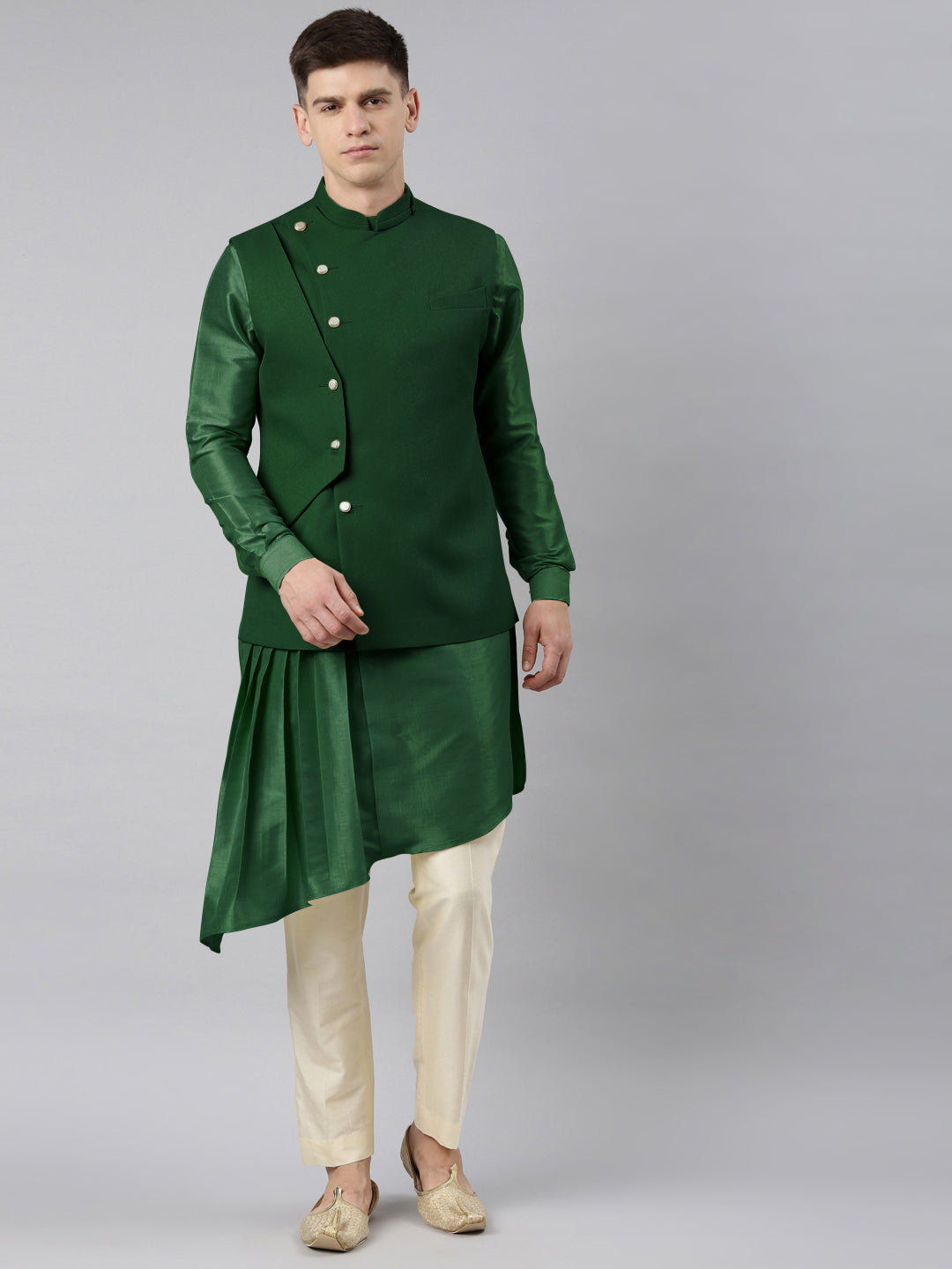 Green Waistcoat Jacket With Mint Crushed Kurta