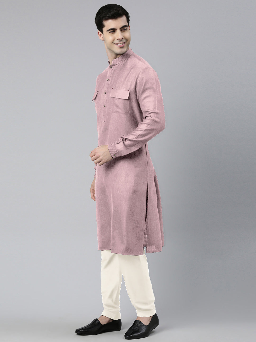 Old Rose Cotton Pathani Kurta Set with Patch pocket